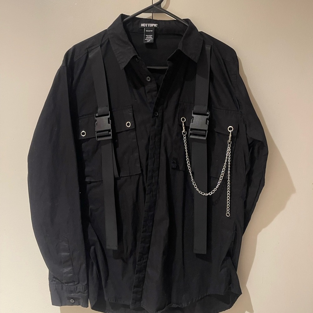Hot Topic Black Casual Button Down Shirt with Chains